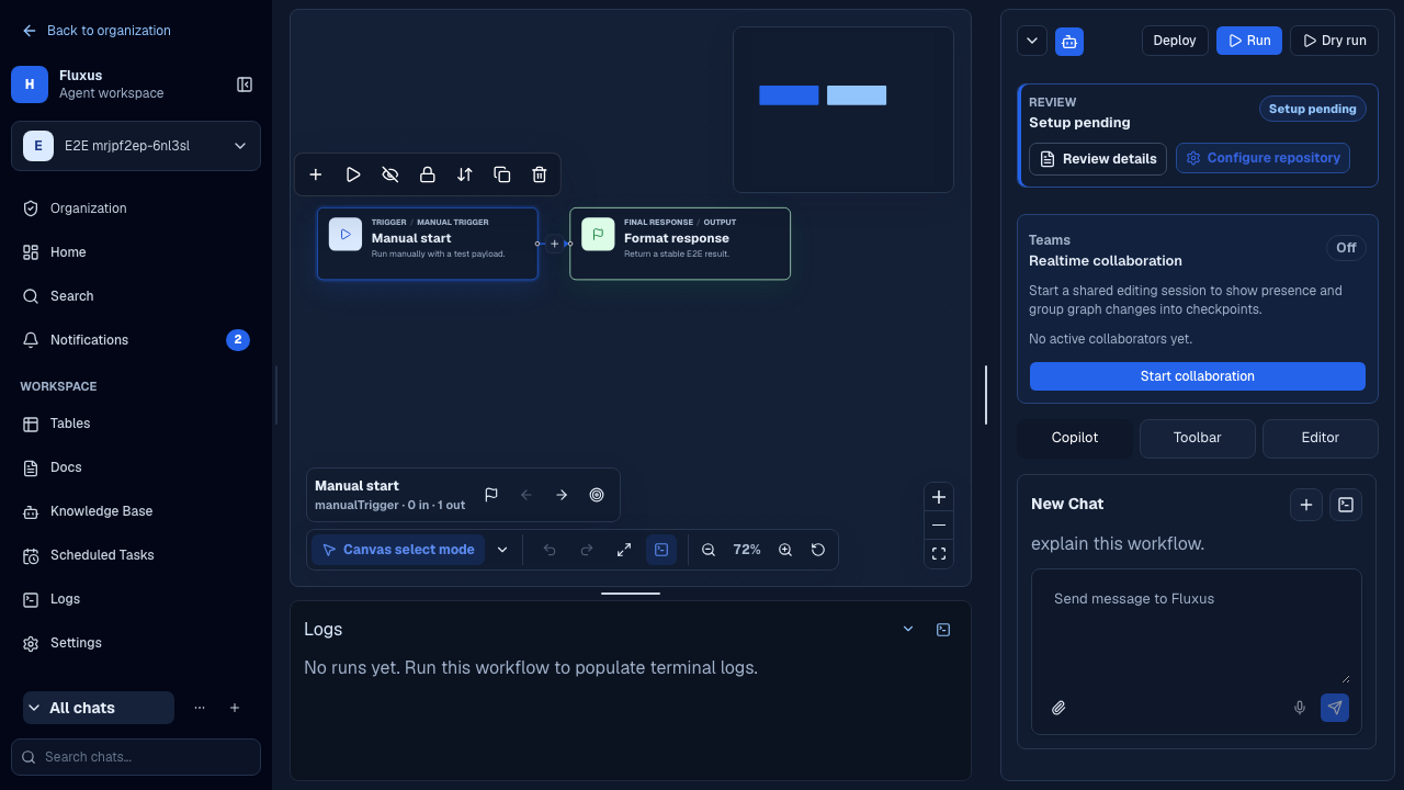 Confluye workflow canvas with connected trigger and output nodes
